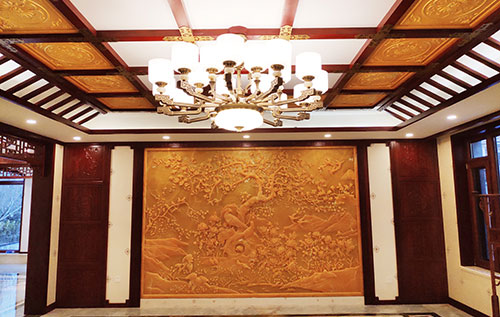 德阳中式别墅客厅中式木作横梁吊顶装饰展示